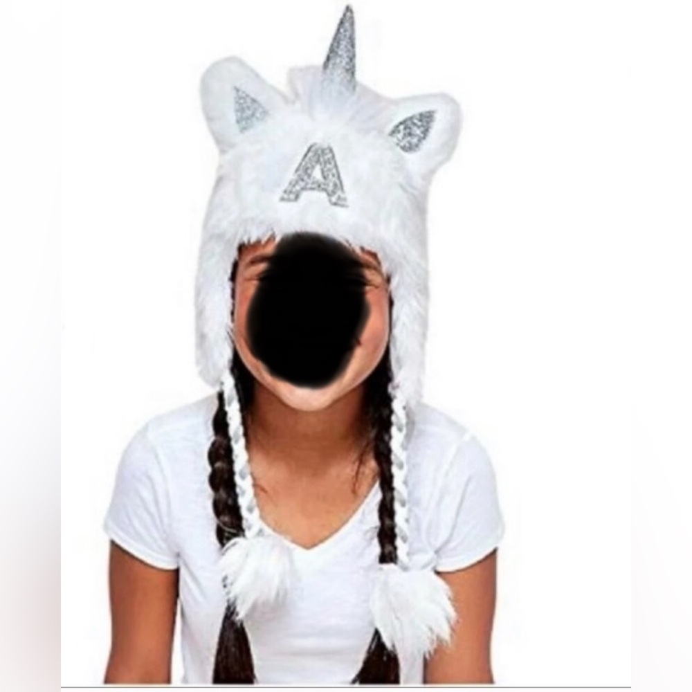 Justice Girls Unicorn Faux Fur Earflap A Initial Beanie. NEVER WORN. Pompom Ties